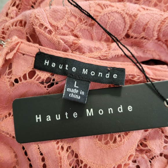 Haute Monde Womens Lacey Top LARGE Fairy Coquette Boho Sheer Peplum Summer Coral - Picture 8 of 8